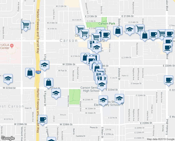 map of restaurants, bars, coffee shops, grocery stores, and more near 141 West Jay Street in Carson