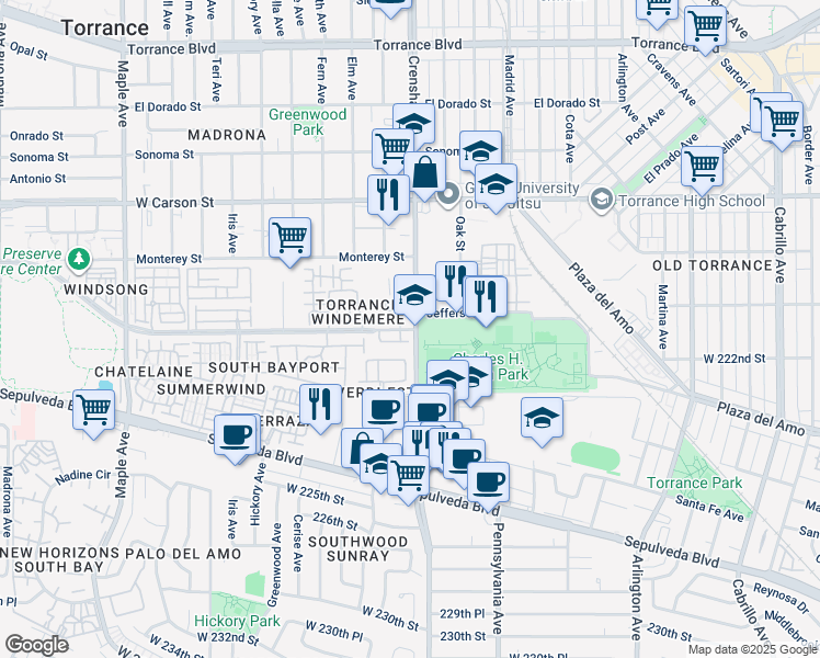 map of restaurants, bars, coffee shops, grocery stores, and more near in Torrance