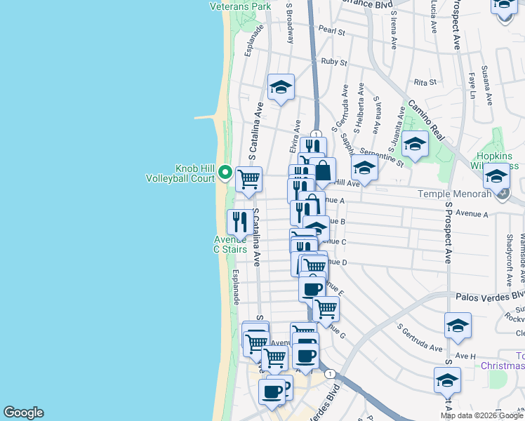 map of restaurants, bars, coffee shops, grocery stores, and more near 112 Avenue B in Redondo Beach