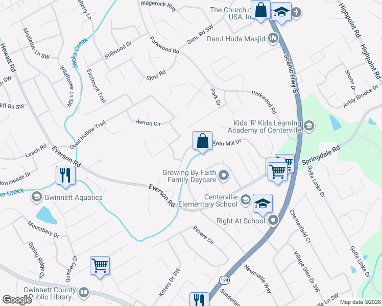 map of restaurants, bars, coffee shops, grocery stores, and more near 3242 Glynn Mill Drive in Snellville