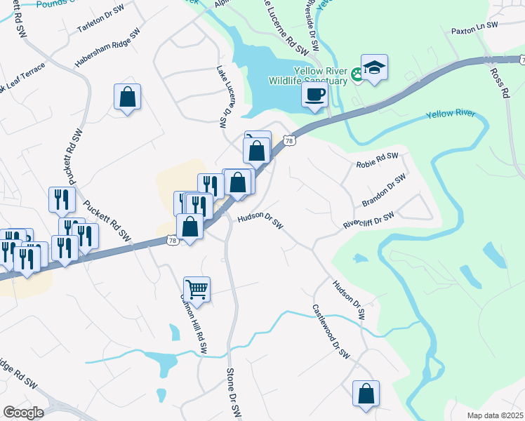 map of restaurants, bars, coffee shops, grocery stores, and more near Hudson Drive Southwest in Gwinnett County