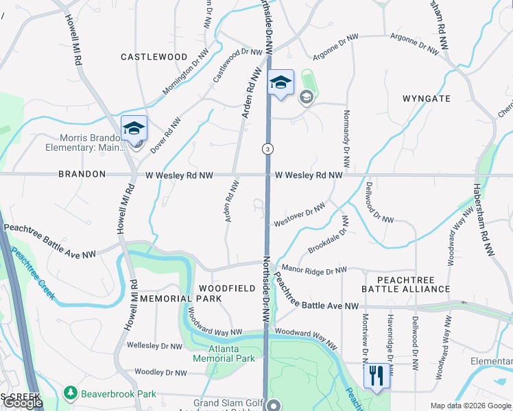 map of restaurants, bars, coffee shops, grocery stores, and more near 2624 Northside Drive Northwest in Atlanta