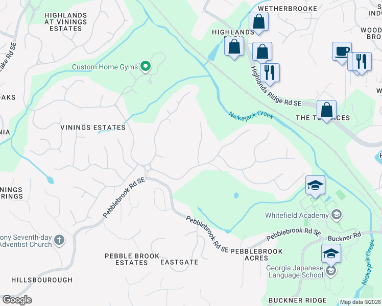 map of restaurants, bars, coffee shops, grocery stores, and more near 1225 Grand View Drive Southeast in Mableton