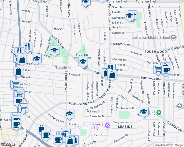 map of restaurants, bars, coffee shops, grocery stores, and more near 22215 Warmside Avenue in Torrance