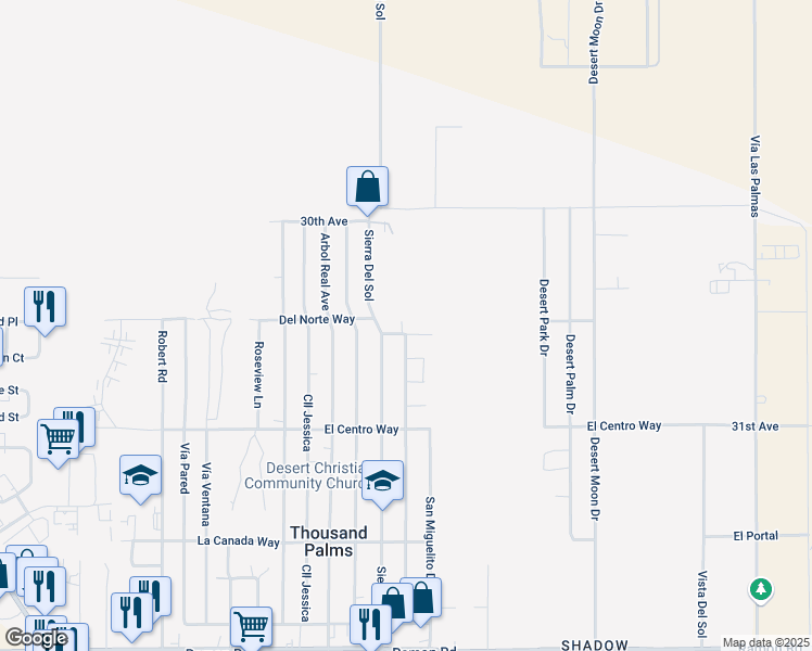 map of restaurants, bars, coffee shops, grocery stores, and more near 73040 Del Norte Way in Thousand Palms