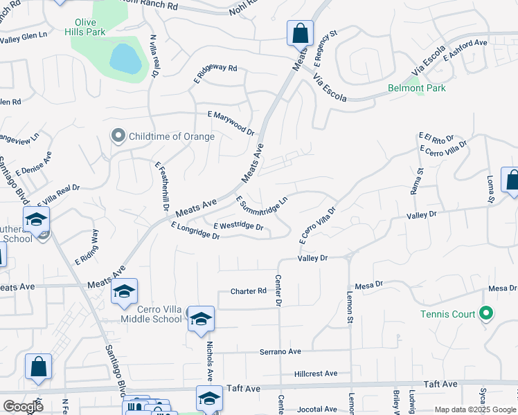 map of restaurants, bars, coffee shops, grocery stores, and more near 2326 North Rockridge Circle in Orange