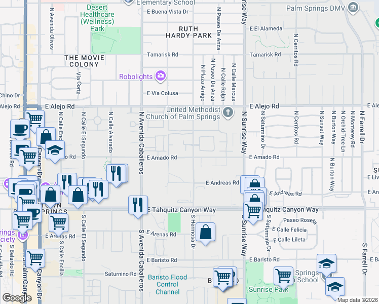 map of restaurants, bars, coffee shops, grocery stores, and more near 351 North Hermosa Drive in Palm Springs