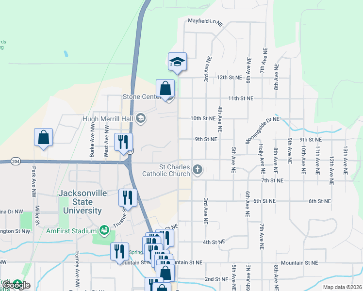map of restaurants, bars, coffee shops, grocery stores, and more near 803 Church Avenue Northeast in Jacksonville
