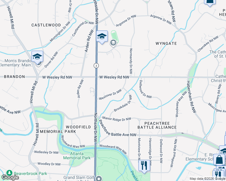 map of restaurants, bars, coffee shops, grocery stores, and more near 521 Westover Dr NW in Atlanta