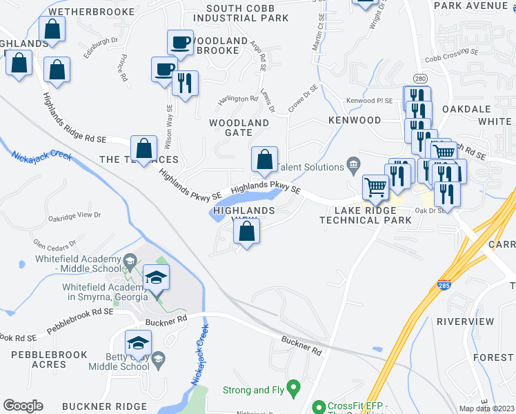 map of restaurants, bars, coffee shops, grocery stores, and more near 1767 Highlands View Drive in Smyrna