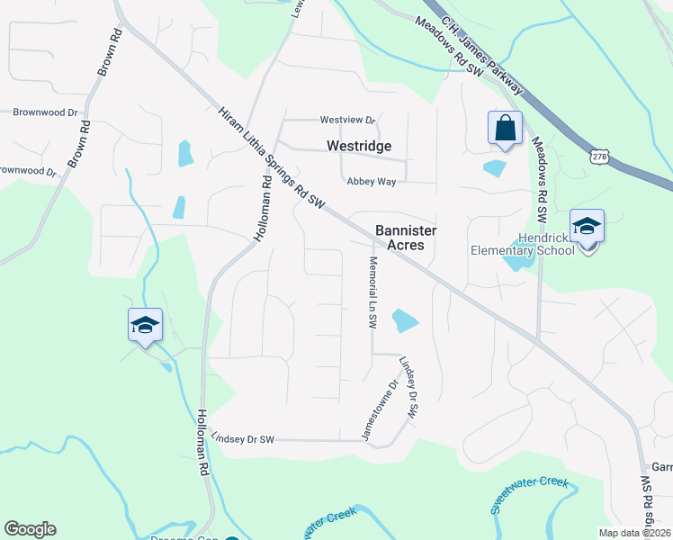 map of restaurants, bars, coffee shops, grocery stores, and more near 5080 Hubert Drive in Powder Springs