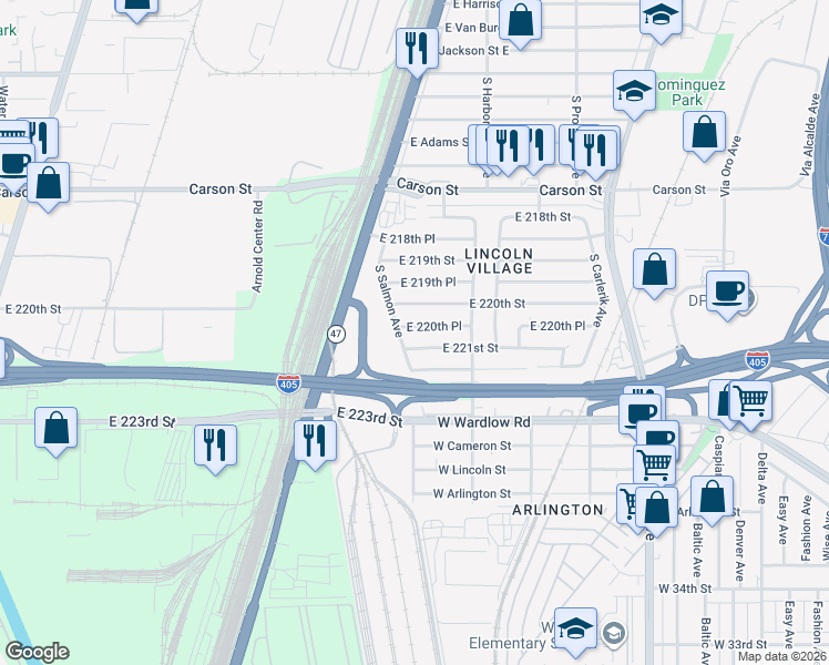 map of restaurants, bars, coffee shops, grocery stores, and more near 2616 East 220th Place in Carson