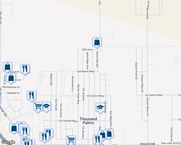 map of restaurants, bars, coffee shops, grocery stores, and more near 30605 Las Flores Way in Thousand Palms