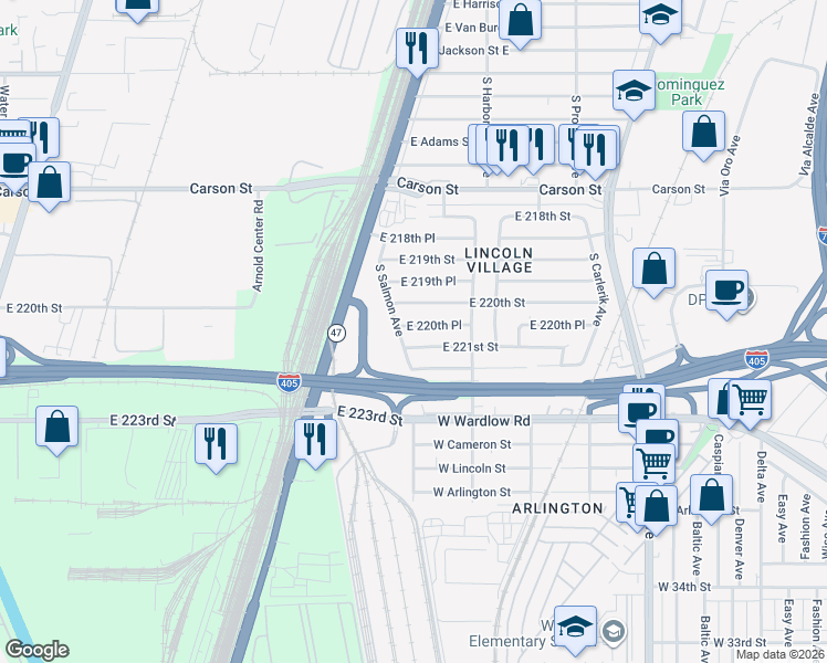 map of restaurants, bars, coffee shops, grocery stores, and more near 2616 East 220th Place in Carson