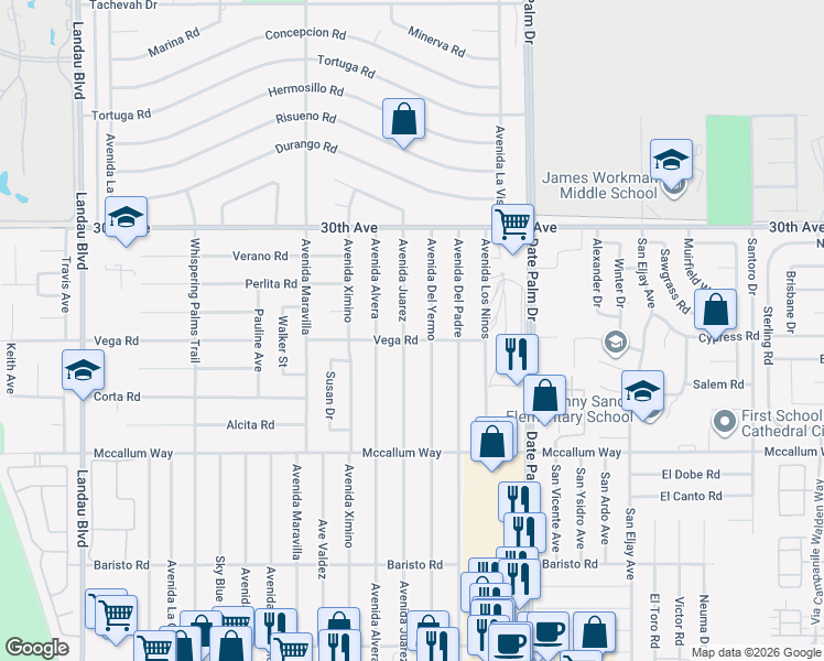 map of restaurants, bars, coffee shops, grocery stores, and more near 30520 Avenida Juarez in Cathedral City
