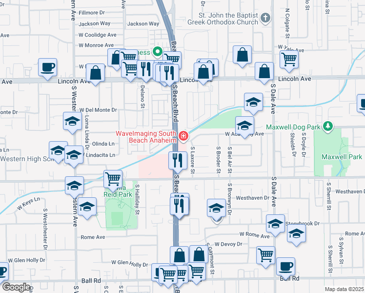 map of restaurants, bars, coffee shops, grocery stores, and more near 408 South Beach Boulevard in Anaheim