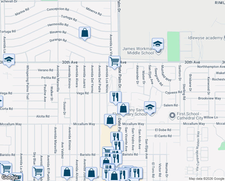map of restaurants, bars, coffee shops, grocery stores, and more near 30th Avenue in Cathedral City