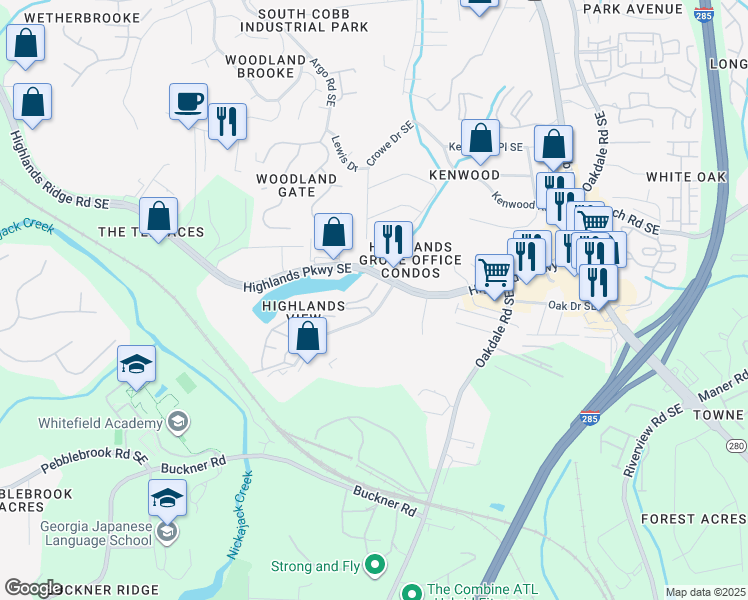map of restaurants, bars, coffee shops, grocery stores, and more near 1802 Dunrobin Drive Southeast in Smyrna
