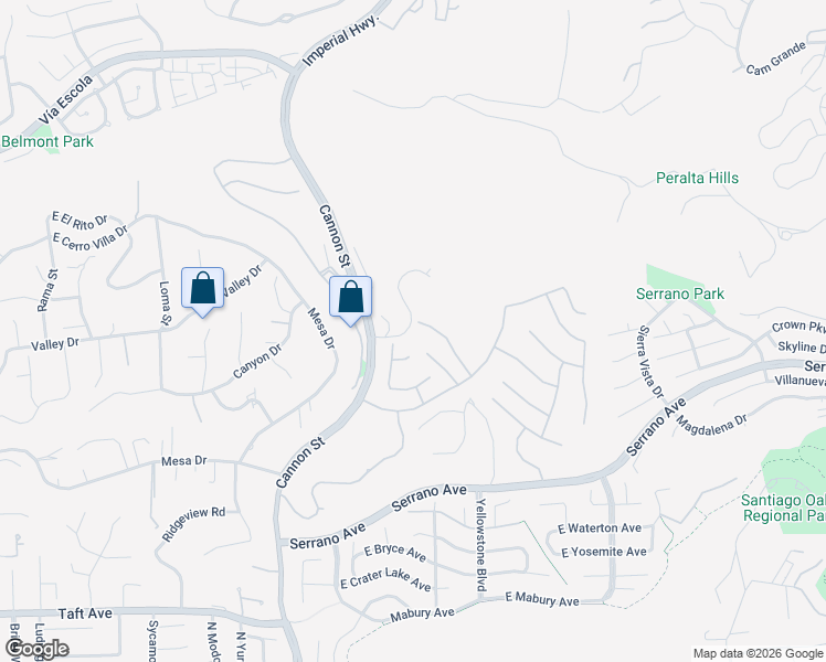 map of restaurants, bars, coffee shops, grocery stores, and more near 2336 North Wisteria Lane in Orange