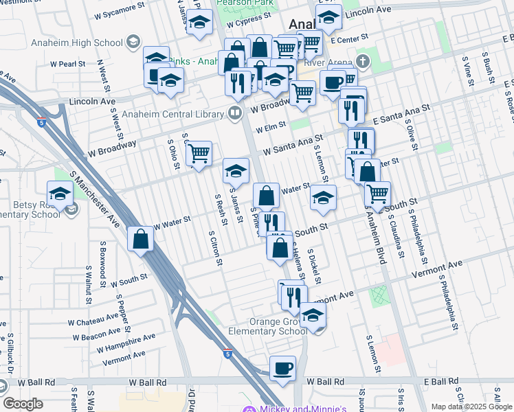 map of restaurants, bars, coffee shops, grocery stores, and more near 606 South Pine Street in Anaheim