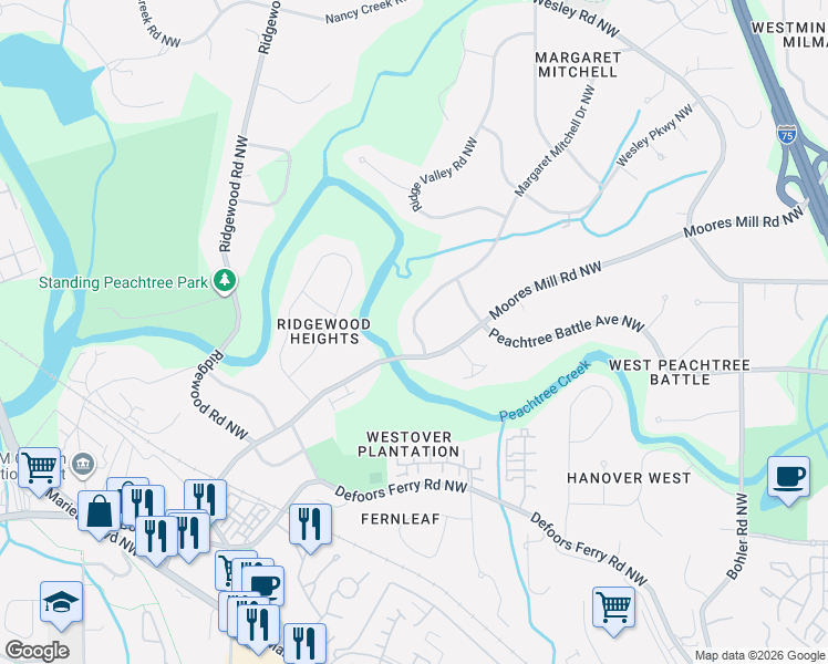 map of restaurants, bars, coffee shops, grocery stores, and more near 2632 Margaret Mitchell Drive Northwest in Atlanta