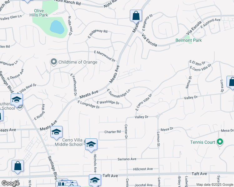 map of restaurants, bars, coffee shops, grocery stores, and more near 3714 East Summitridge Lane in Orange
