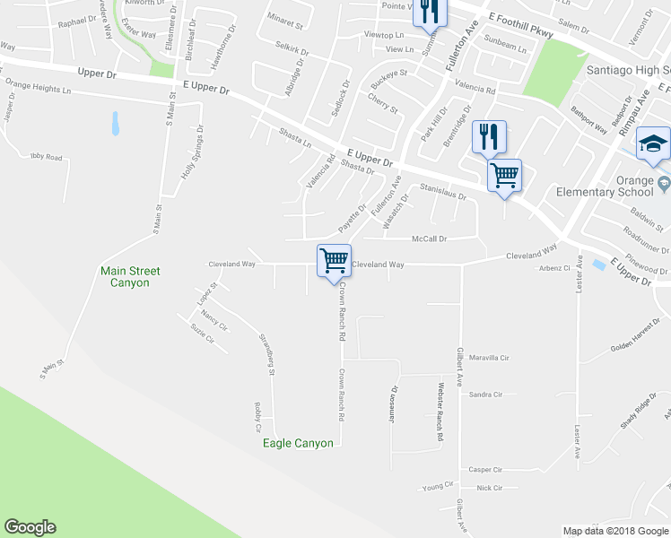map of restaurants, bars, coffee shops, grocery stores, and more near 4002 Crown Ranch Road in Corona