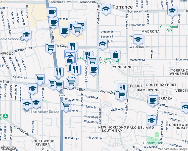 map of restaurants, bars, coffee shops, grocery stores, and more near 3433 Sepulveda Boulevard in Torrance