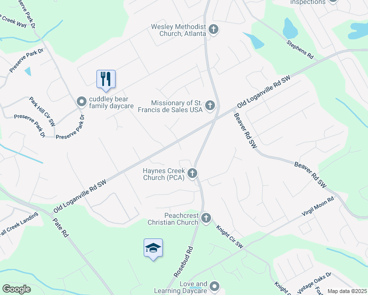 map of restaurants, bars, coffee shops, grocery stores, and more near 1650 Old Loganville Road Southwest in Loganville