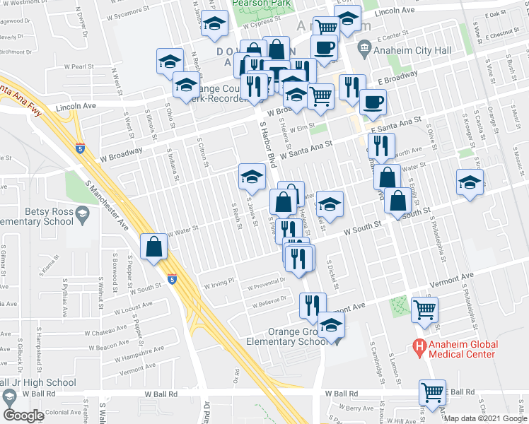 map of restaurants, bars, coffee shops, grocery stores, and more near 526 West Water Street in Anaheim
