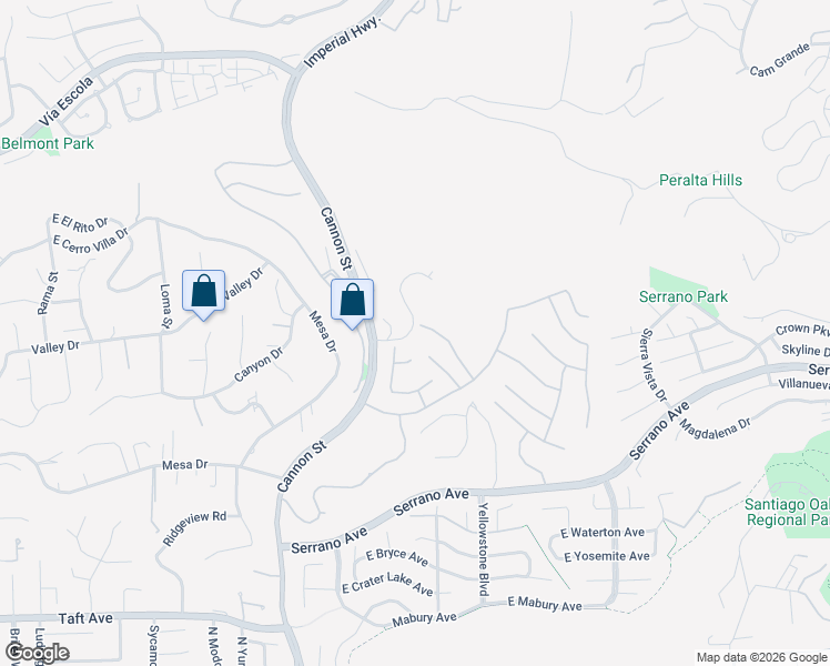 map of restaurants, bars, coffee shops, grocery stores, and more near 2336 North Wisteria Lane in Orange