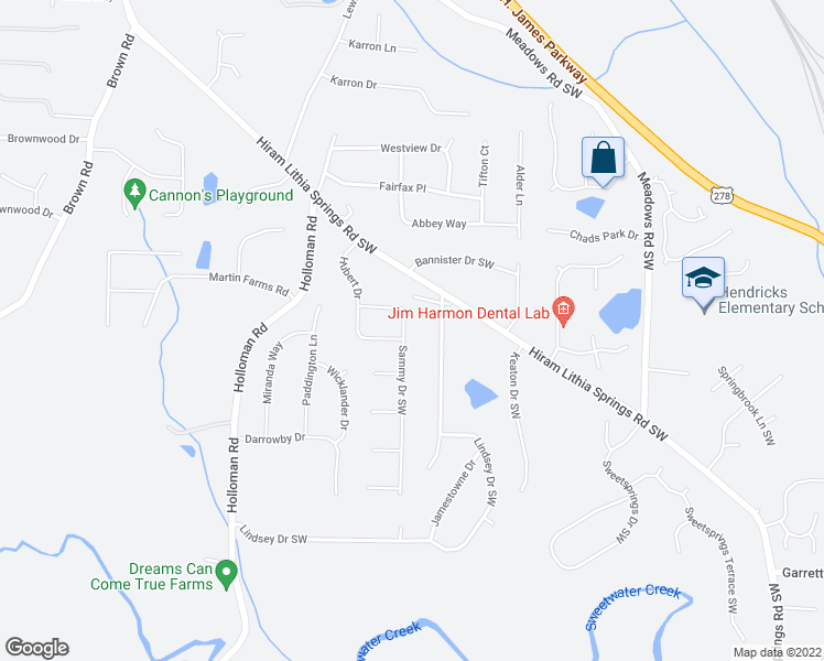 map of restaurants, bars, coffee shops, grocery stores, and more near 4636 Sammy Drive Southwest in Powder Springs