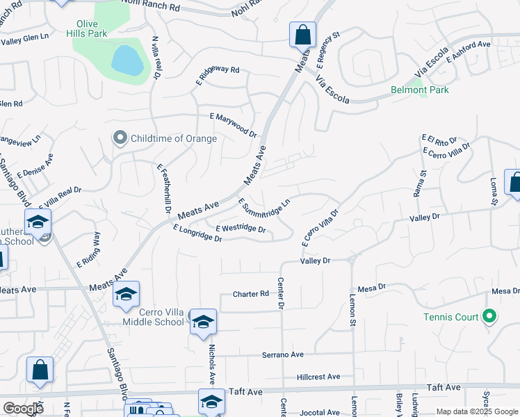 map of restaurants, bars, coffee shops, grocery stores, and more near 2326 North Rockridge Circle in Orange