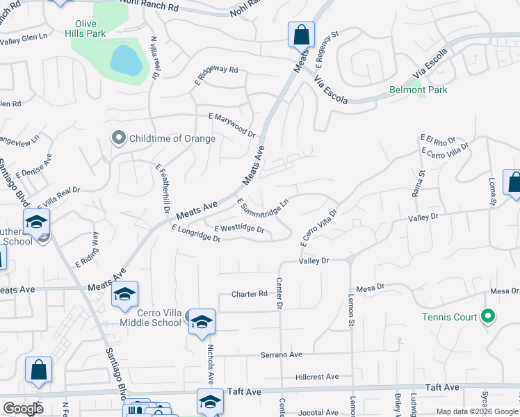 map of restaurants, bars, coffee shops, grocery stores, and more near 2326 North Rockridge Circle in Orange