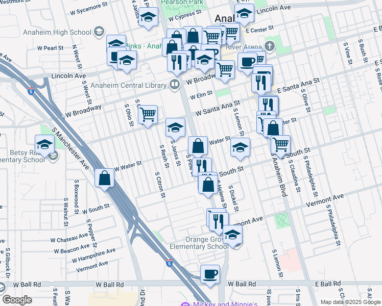 map of restaurants, bars, coffee shops, grocery stores, and more near 606 South Pine Street in Anaheim