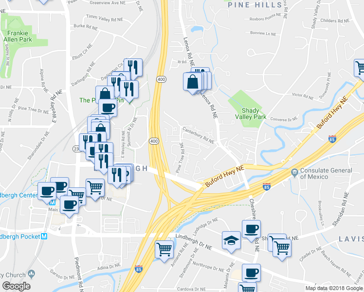 map of restaurants, bars, coffee shops, grocery stores, and more near Pine Tree Road Northeast in Atlanta