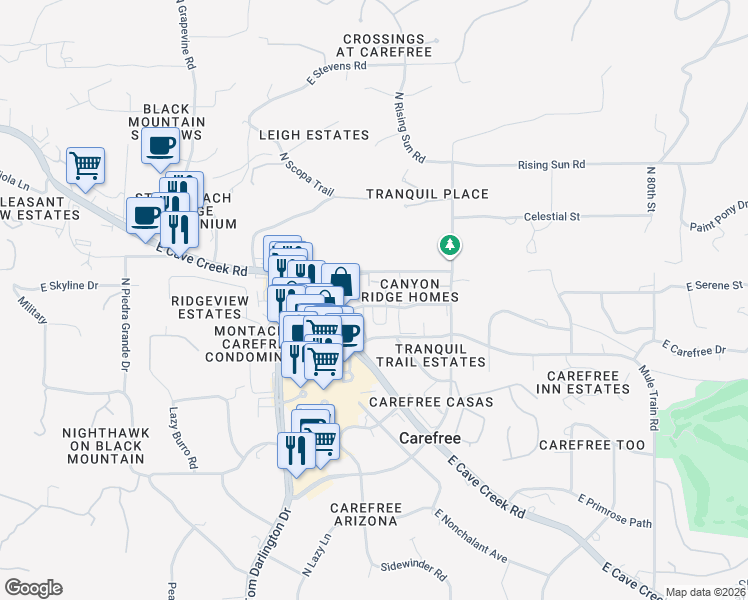map of restaurants, bars, coffee shops, grocery stores, and more near 80 Almarte Drive in Carefree