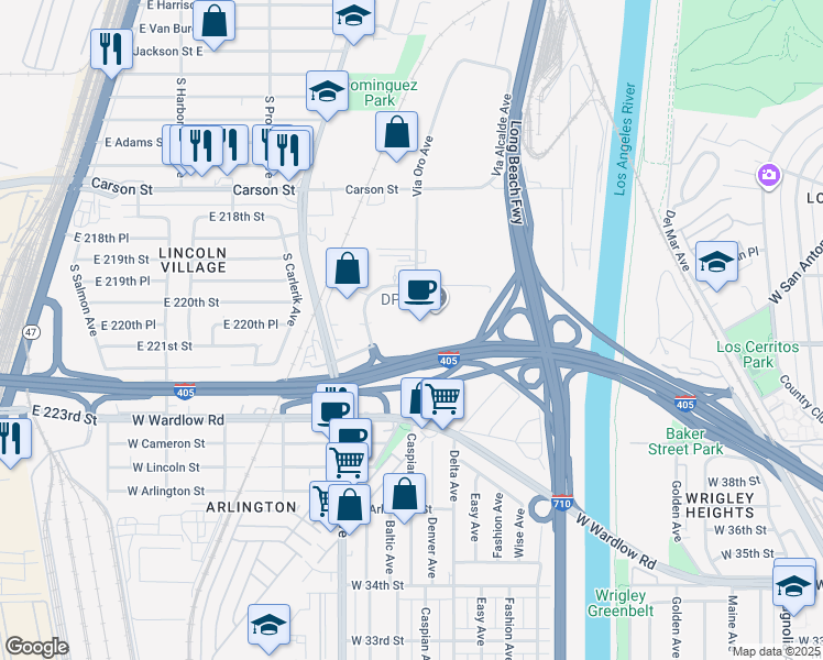 map of restaurants, bars, coffee shops, grocery stores, and more near 1500 Hughes Way in Long Beach