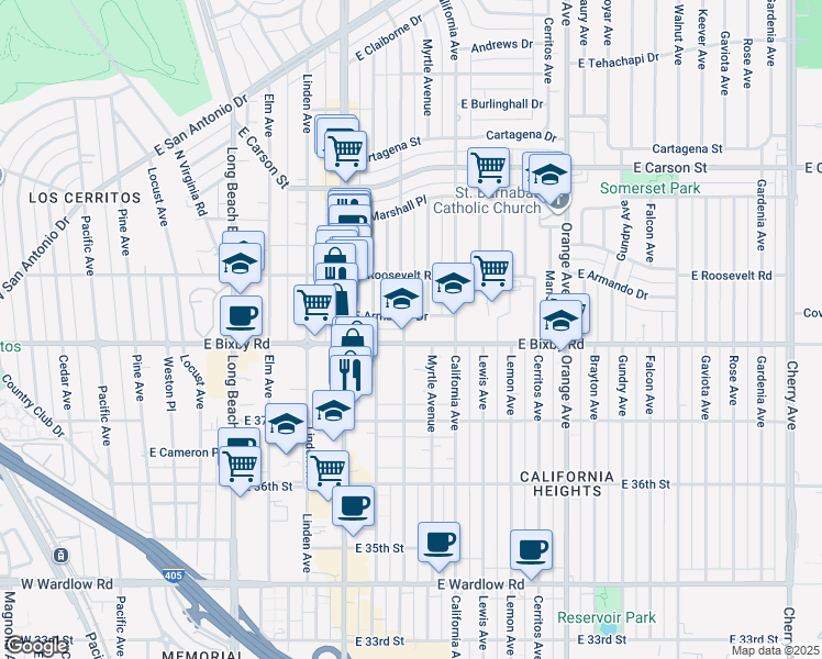 map of restaurants, bars, coffee shops, grocery stores, and more near 3800 North Olive Avenue in Long Beach
