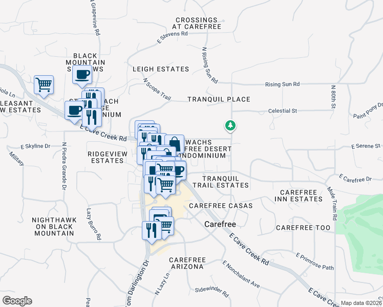 map of restaurants, bars, coffee shops, grocery stores, and more near 80 Almarte Drive in Carefree