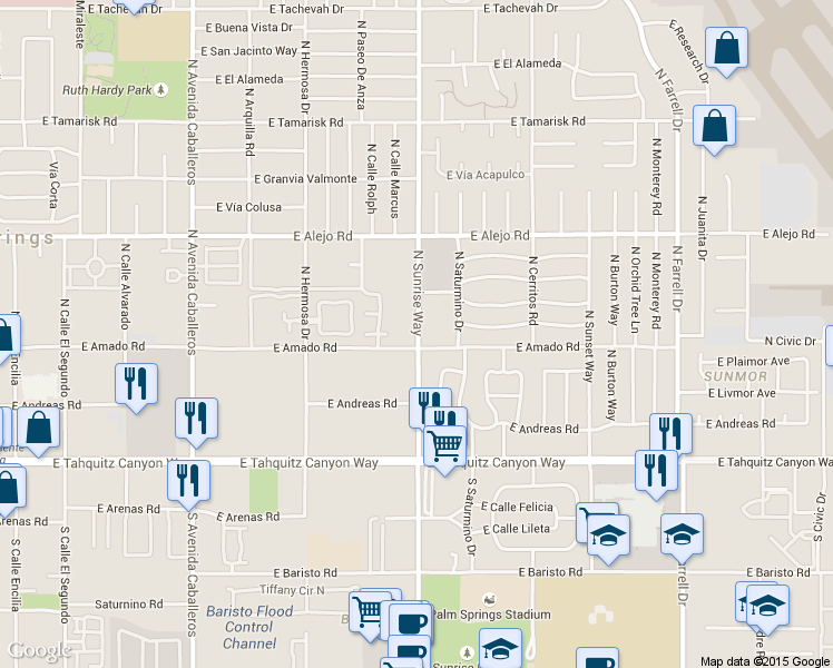map of restaurants, bars, coffee shops, grocery stores, and more near 295 North Sunrise Way in Palm Springs