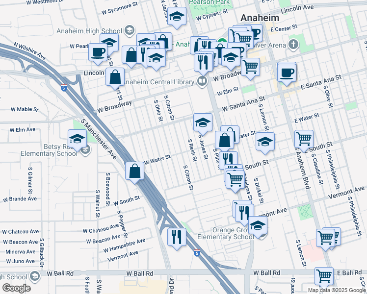 map of restaurants, bars, coffee shops, grocery stores, and more near 606 South Citron Street in Anaheim