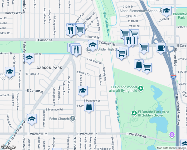 map of restaurants, bars, coffee shops, grocery stores, and more near 3739 Roxanne Avenue in Long Beach