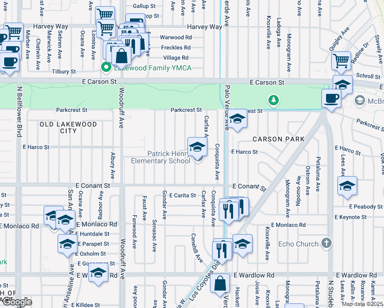 map of restaurants, bars, coffee shops, grocery stores, and more near 3720 Canehill Avenue in Long Beach