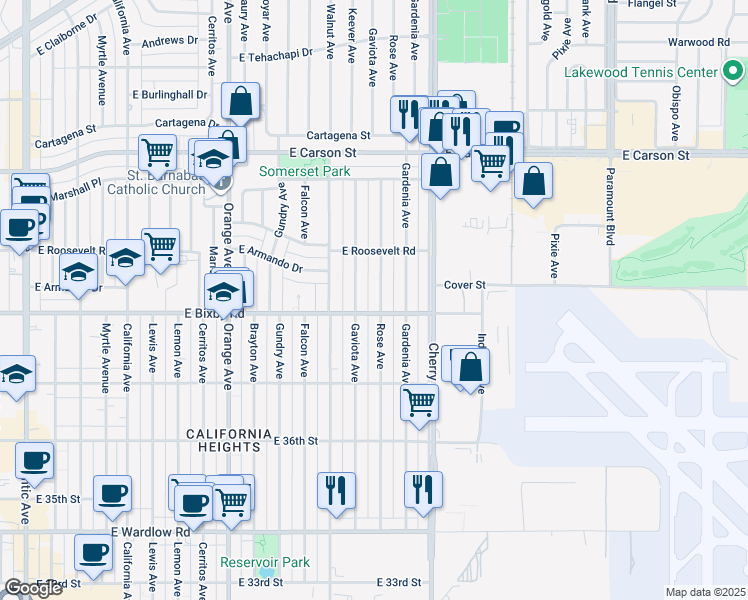 map of restaurants, bars, coffee shops, grocery stores, and more near 3765 Rose Avenue in Long Beach