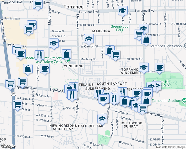 map of restaurants, bars, coffee shops, grocery stores, and more near 2300 Maple Avenue in Torrance
