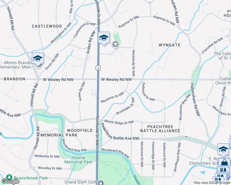 map of restaurants, bars, coffee shops, grocery stores, and more near 521 Westover Drive Northwest in Atlanta