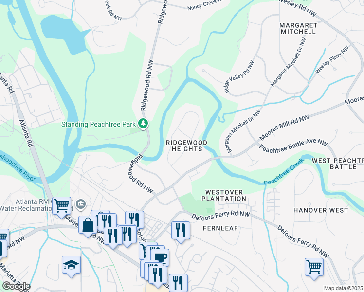 map of restaurants, bars, coffee shops, grocery stores, and more near 2892 Ridgemore Road Northwest in Atlanta