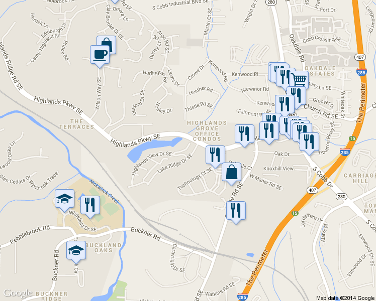 map of restaurants, bars, coffee shops, grocery stores, and more near 1802 Dunrobin Drive Southeast in Smyrna