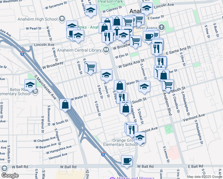 map of restaurants, bars, coffee shops, grocery stores, and more near 526 West Water Street in Anaheim